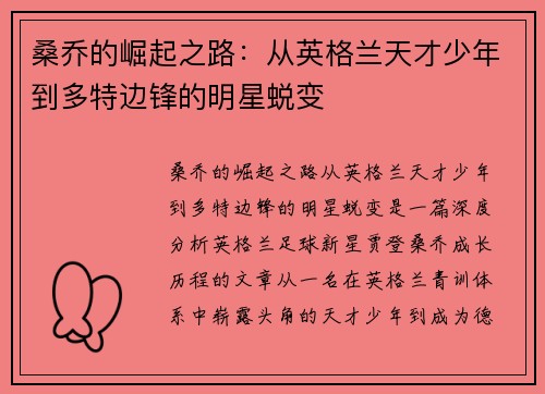 桑乔的崛起之路：从英格兰天才少年到多特边锋的明星蜕变